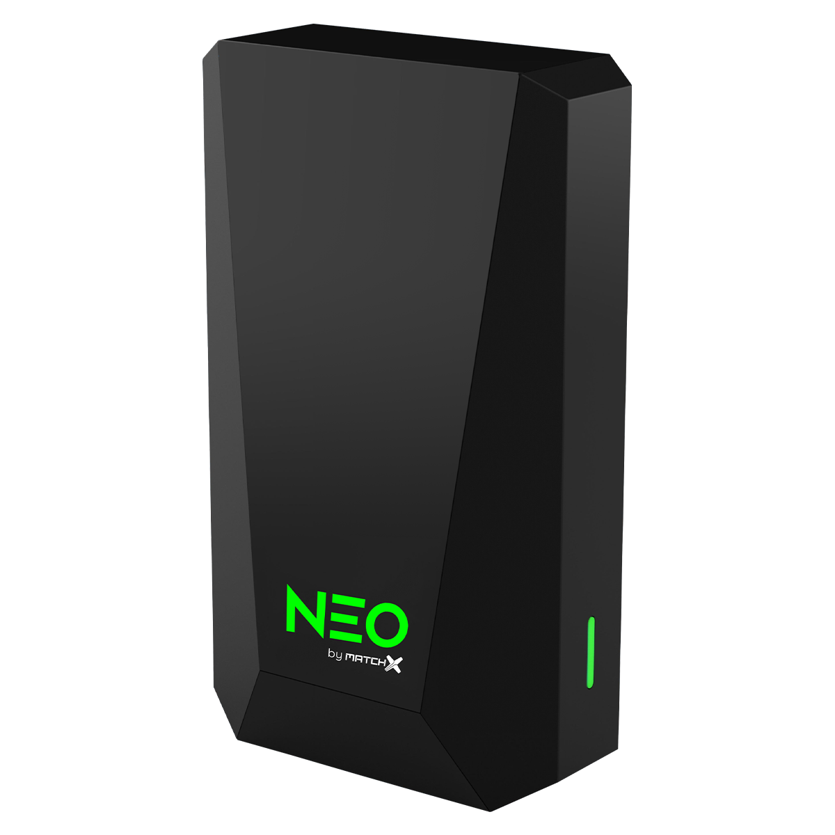 Schwarzes rechteckiges Gerät mit dem Wort 'NEO' in Grün. 'by MATCHx' steht darunter. Es ist eine Box.