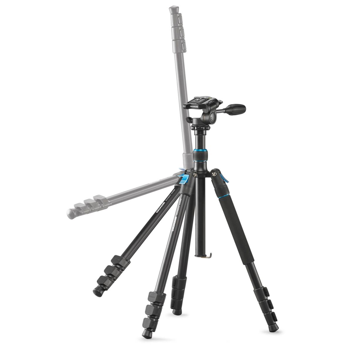 Czarny statyw z częściowo rozłożonymi nogami. Czarne i niebieskie akcenty. Białe tło.