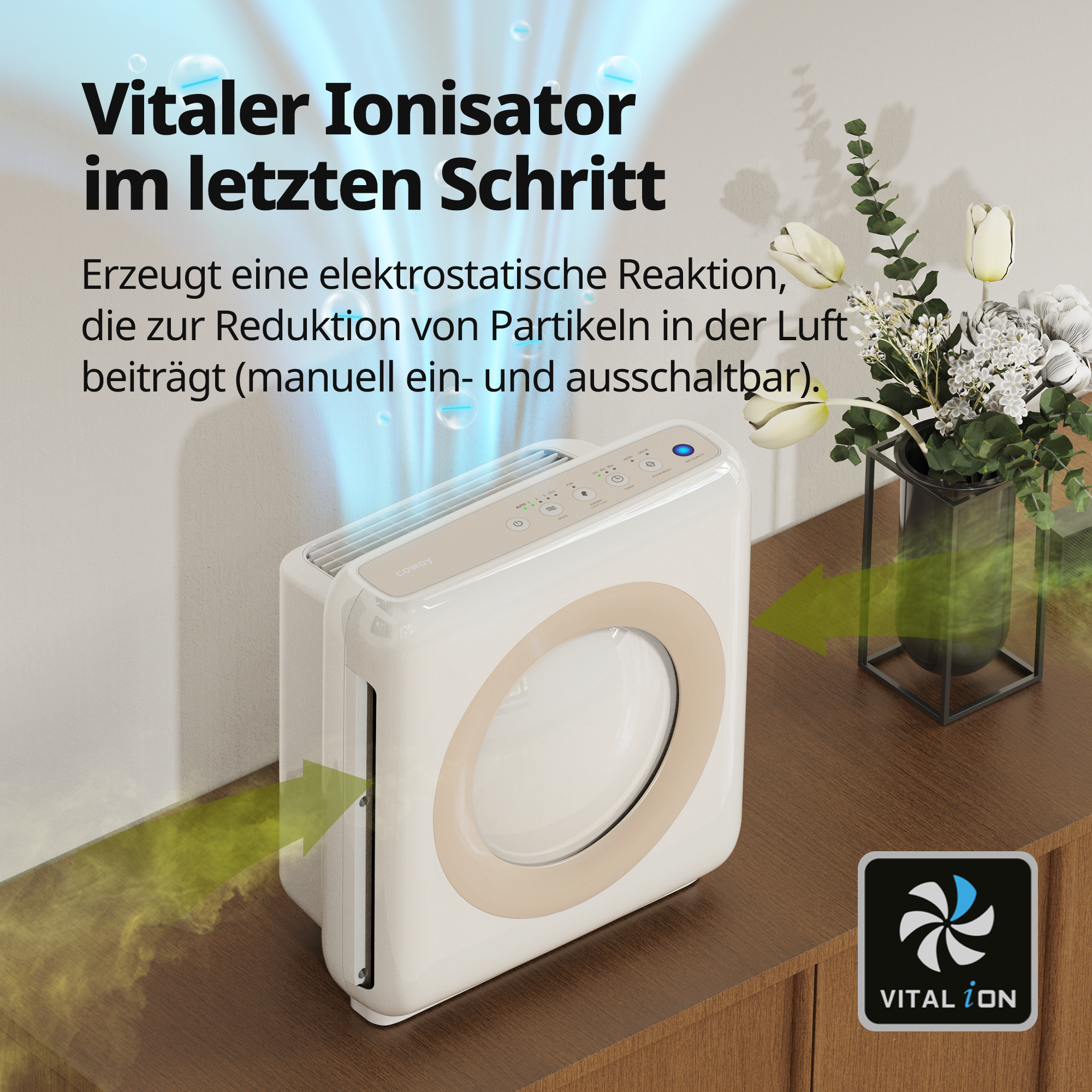 Luftreiniger mit Text und Illustration in einem Raum mit Blumen.