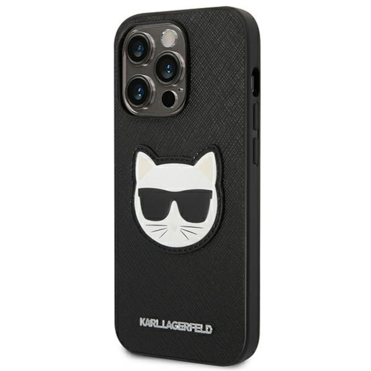 Custodia nera per iPhone con design gatto Karl Lagerfeld. Il gatto ha gli occhiali da sole.