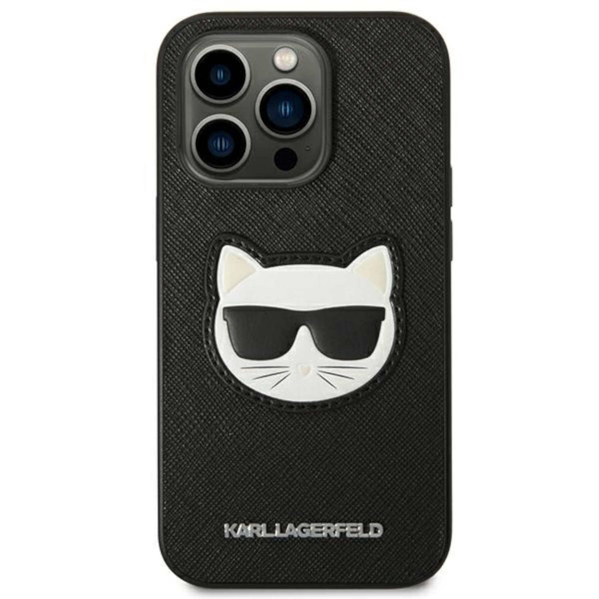 Custodia per telefono nera con un disegno a forma di gatto al centro. Il gatto ha gli occhiali da sole. Il marchio Karl Lagerfeld è in basso.