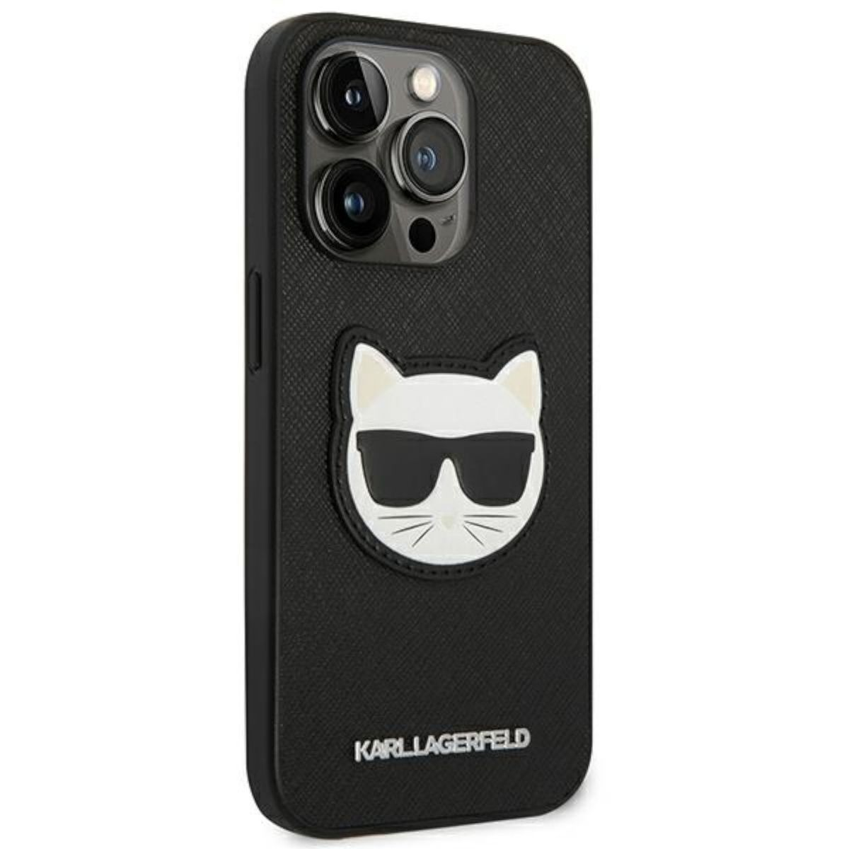 Custodia per telefono nera con un design a gatto bianco con occhiali da sole, il marchio è visibile.