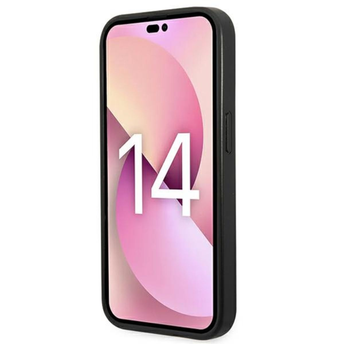 Una custodia nera per telefono con un telefono all'interno, che mostra uno schermo rosa e bianco con il numero 14.