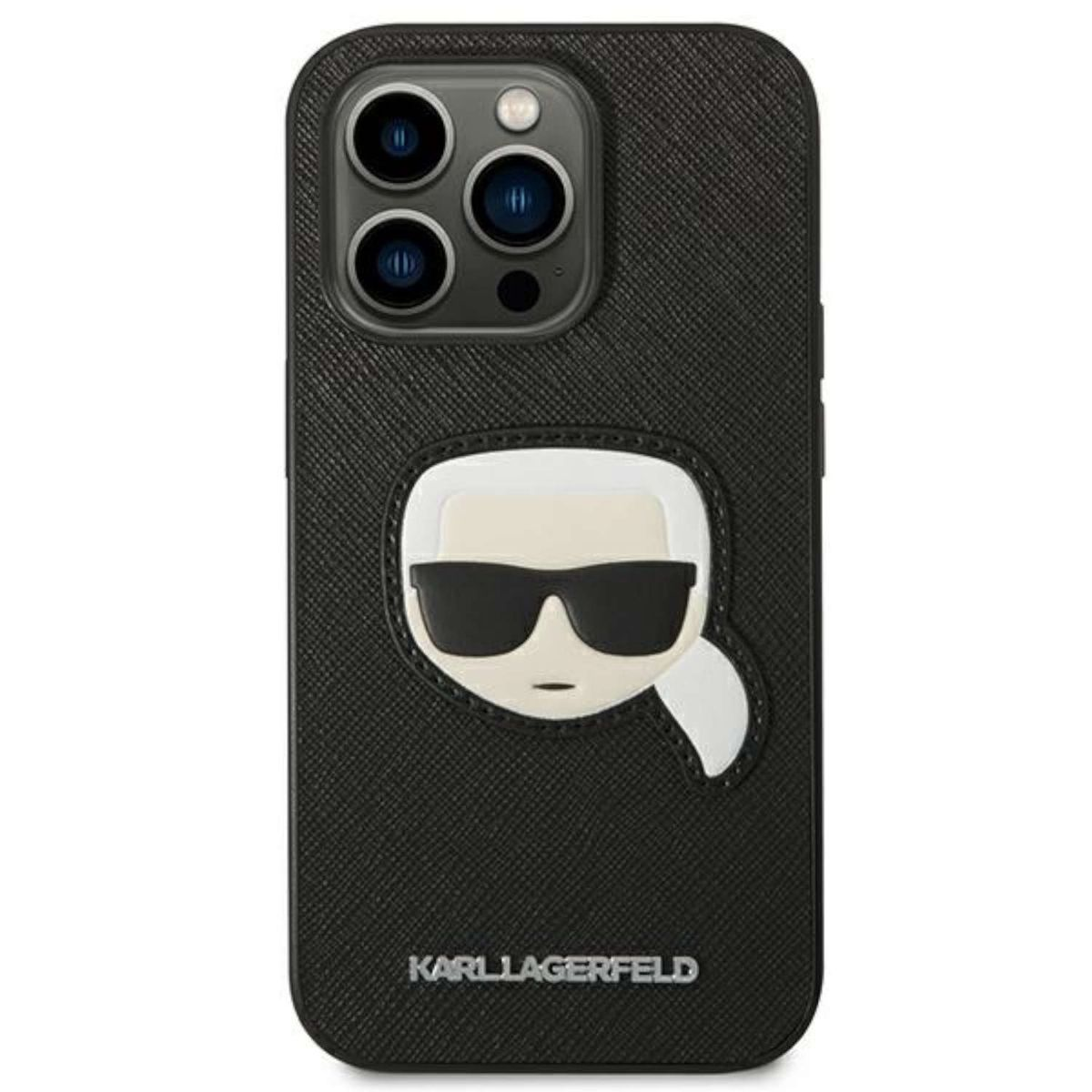 KARL LAGERFELD 14 Max, Pro iPhone Ikonik Backcover, Saffiano Schwarz Apple, Design Hülle