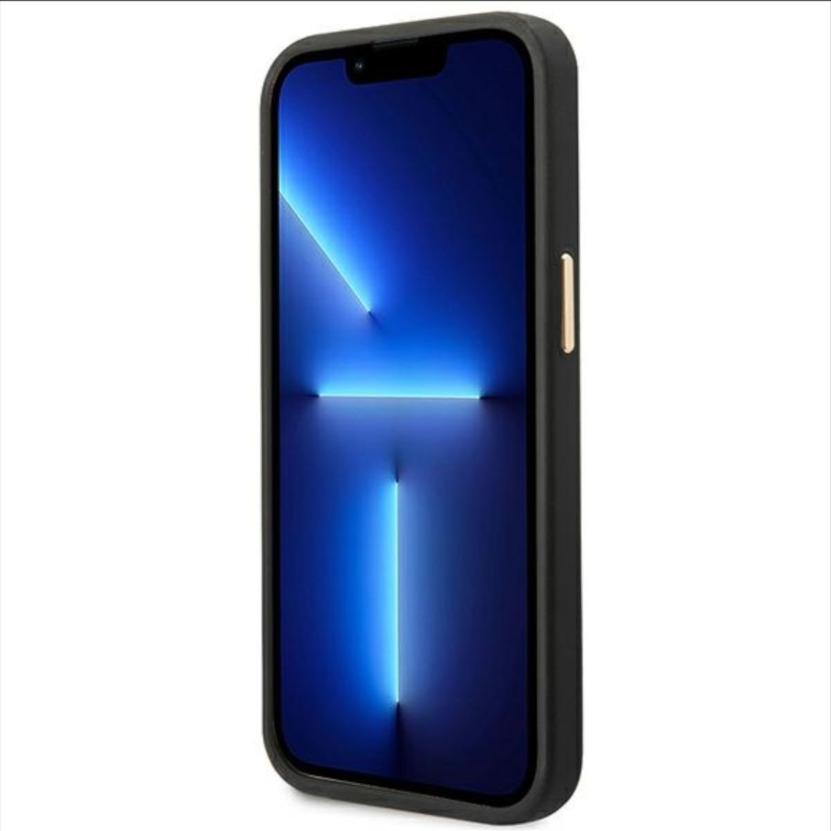 Una custodia nera per telefono con un telefono all'interno, che mostra uno schermo blu con fasci di luce verticali.