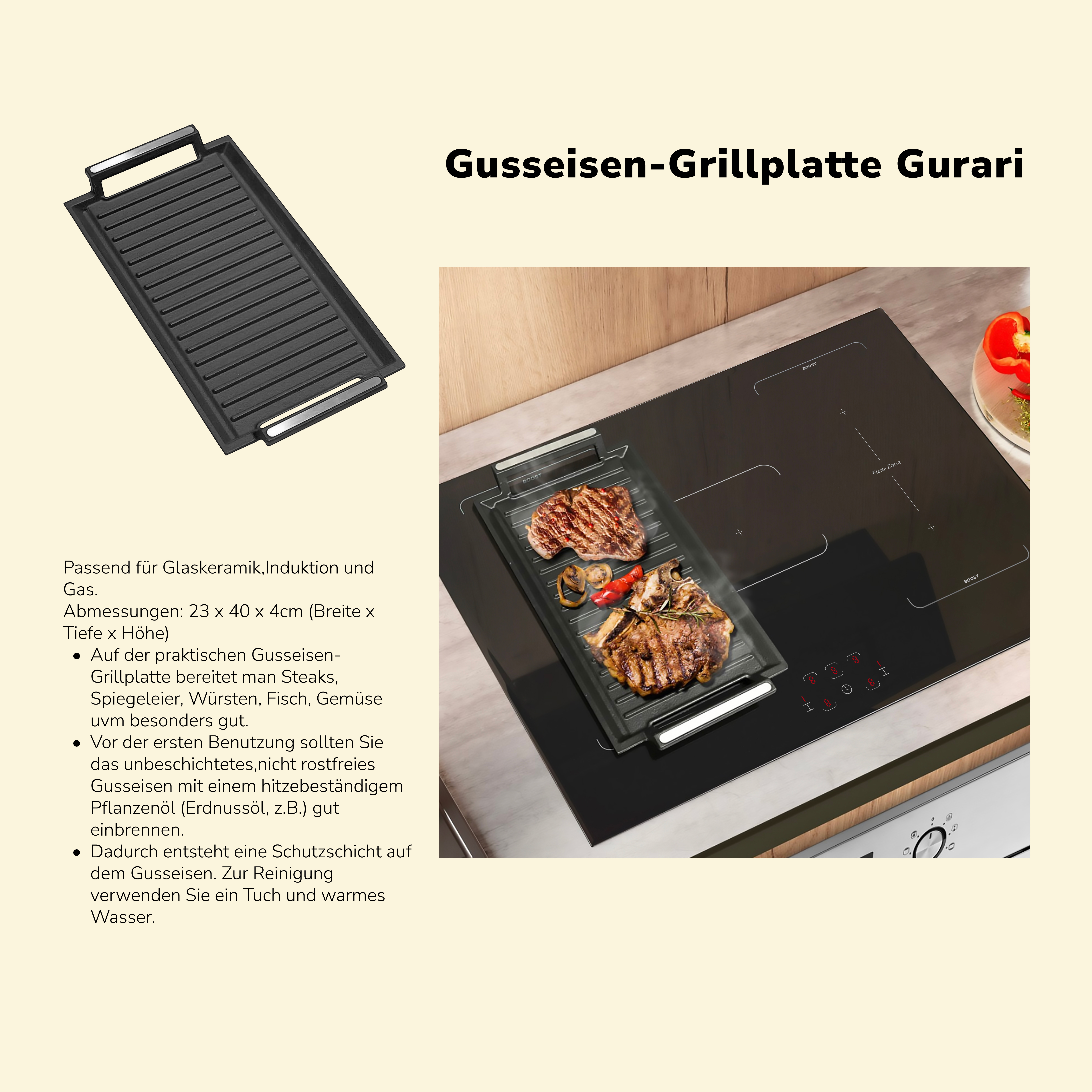 Eine Gusseisen-Grillplatte mit gegrilltem Essen auf einem Herd.