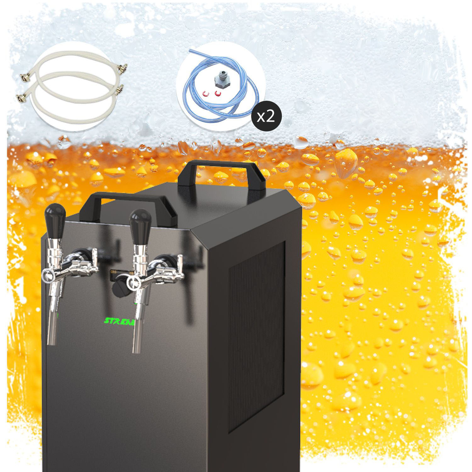 Een zwarte biertapmachine met twee kranen. Twee slangen bovenop. Bubbels en bier op de achtergrond.