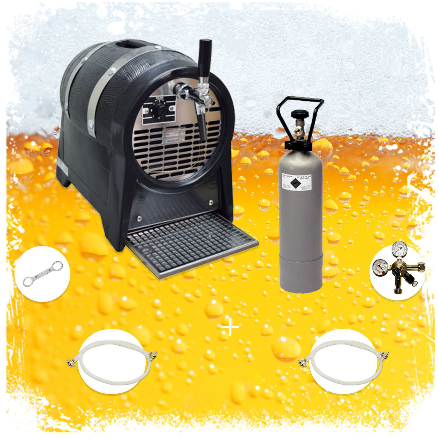 Bierzapfanlage mit Fass, CO2-Tank und Zubehör auf gelbem Hintergrund.