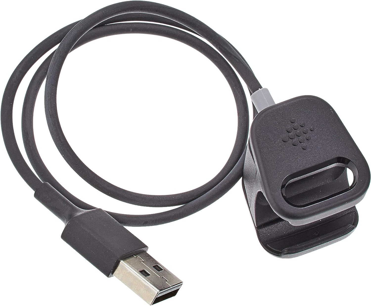 Schwarzes Fitbit-Ladekabel. USB-Anschluss an einem Ende, Ladeclip am anderen.