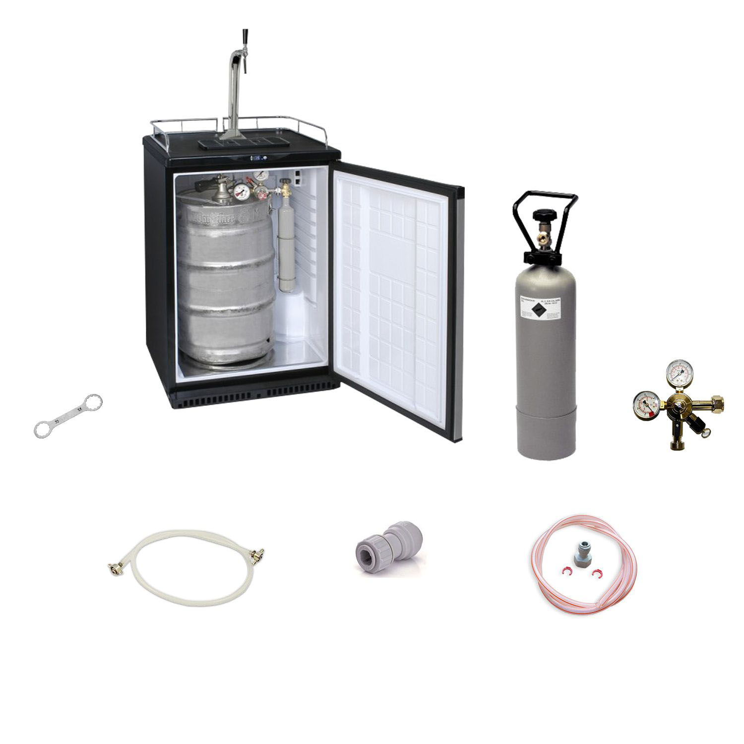 Beer tap system with keg and accessories.