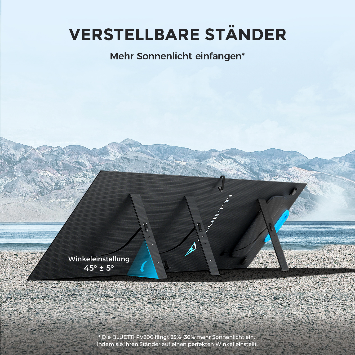 Schwarzes Solarpanel mit blauen Stützen in einer Strandszene, mit Text zur Winkeleinstellung.