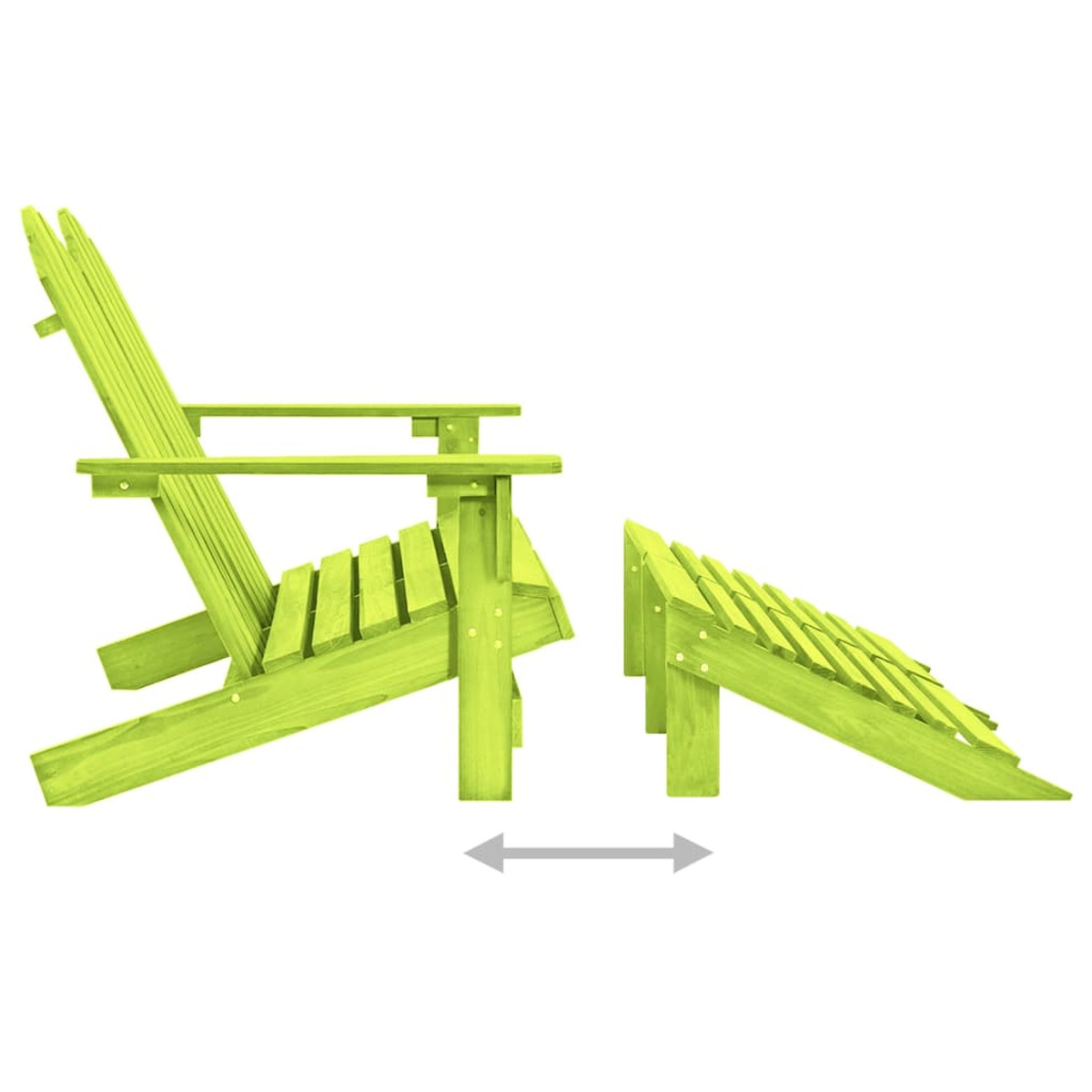Ein grüner Holzstuhl und Fußstütze. Der Stuhl ist in Seitenansicht.