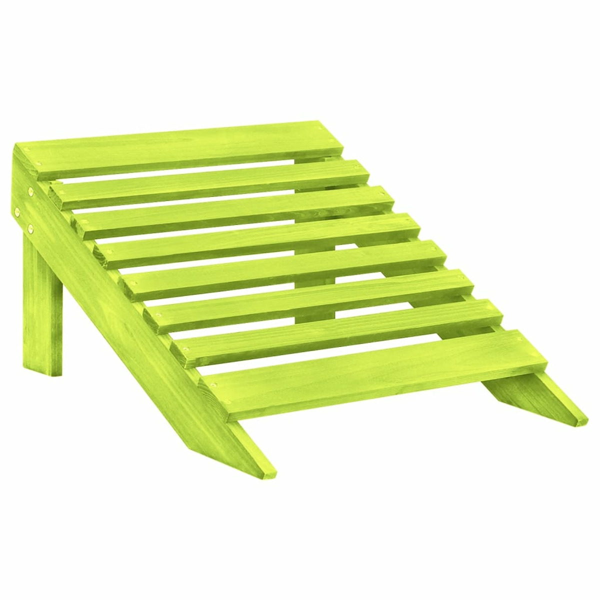 Grüner Holzfußhocker. Er ist abgewinkelt, mit Lamellen und zwei abgewinkelten Beinen.