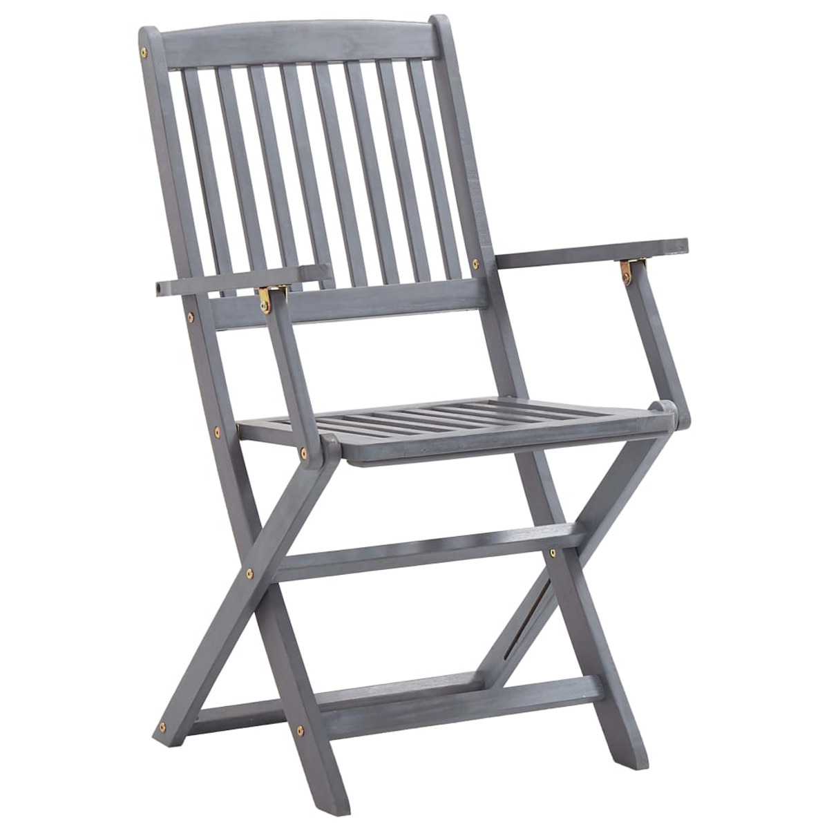 Ein grauer Holz-Klappstuhl mit Armlehnen und Lattenrücken und -sitz.