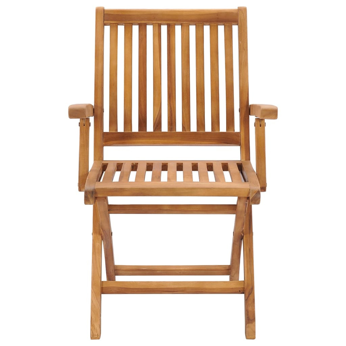 Ein brauner Holz-Klappstuhl mit Armlehnen und Lattenrücken und -sitz.