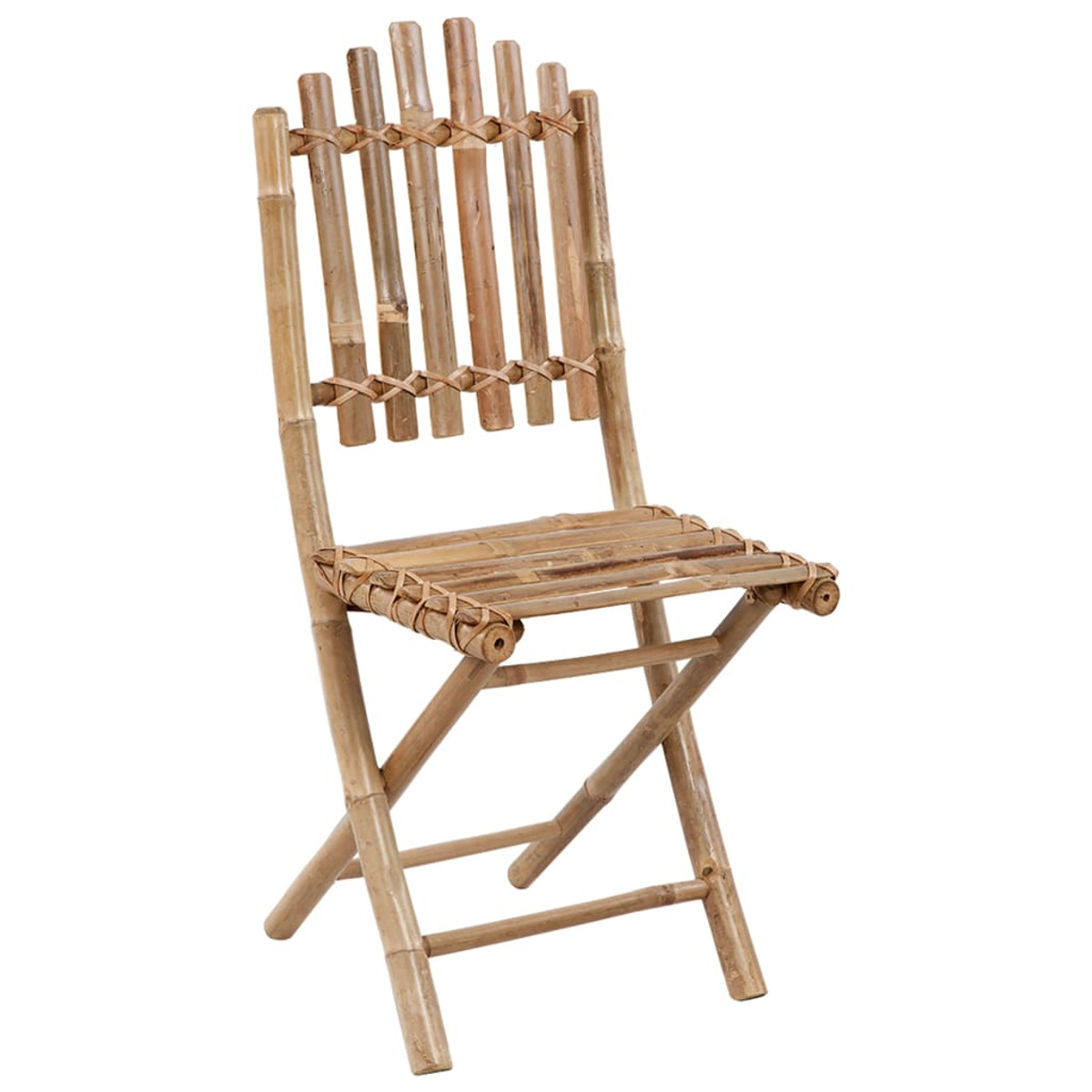 Ein hellbrauner Bambus-Klappstuhl mit Lattenrücken und -sitz.