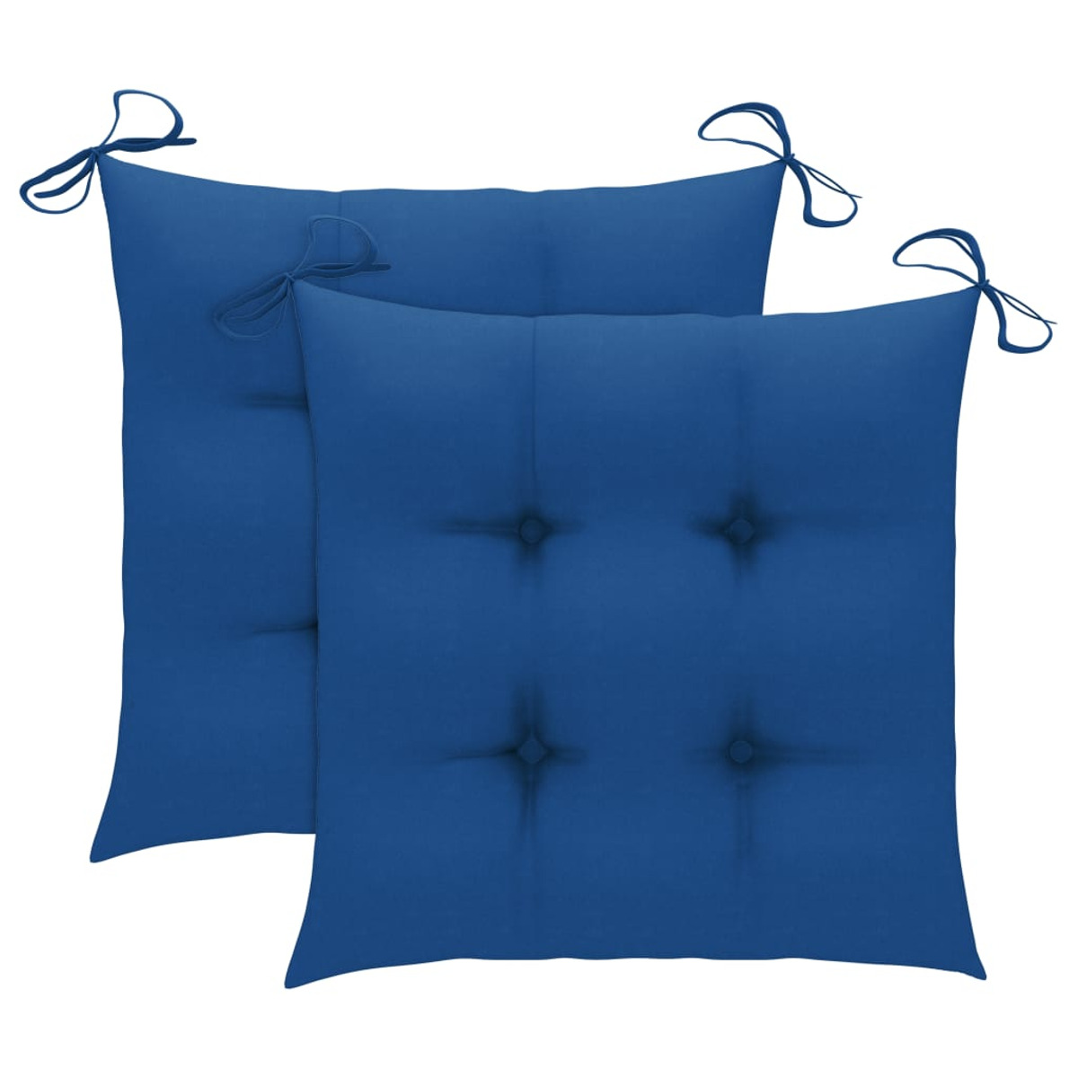 Zwei blaue Stuhlkissen. Jedes hat Bänder, um es am Stuhl zu befestigen.