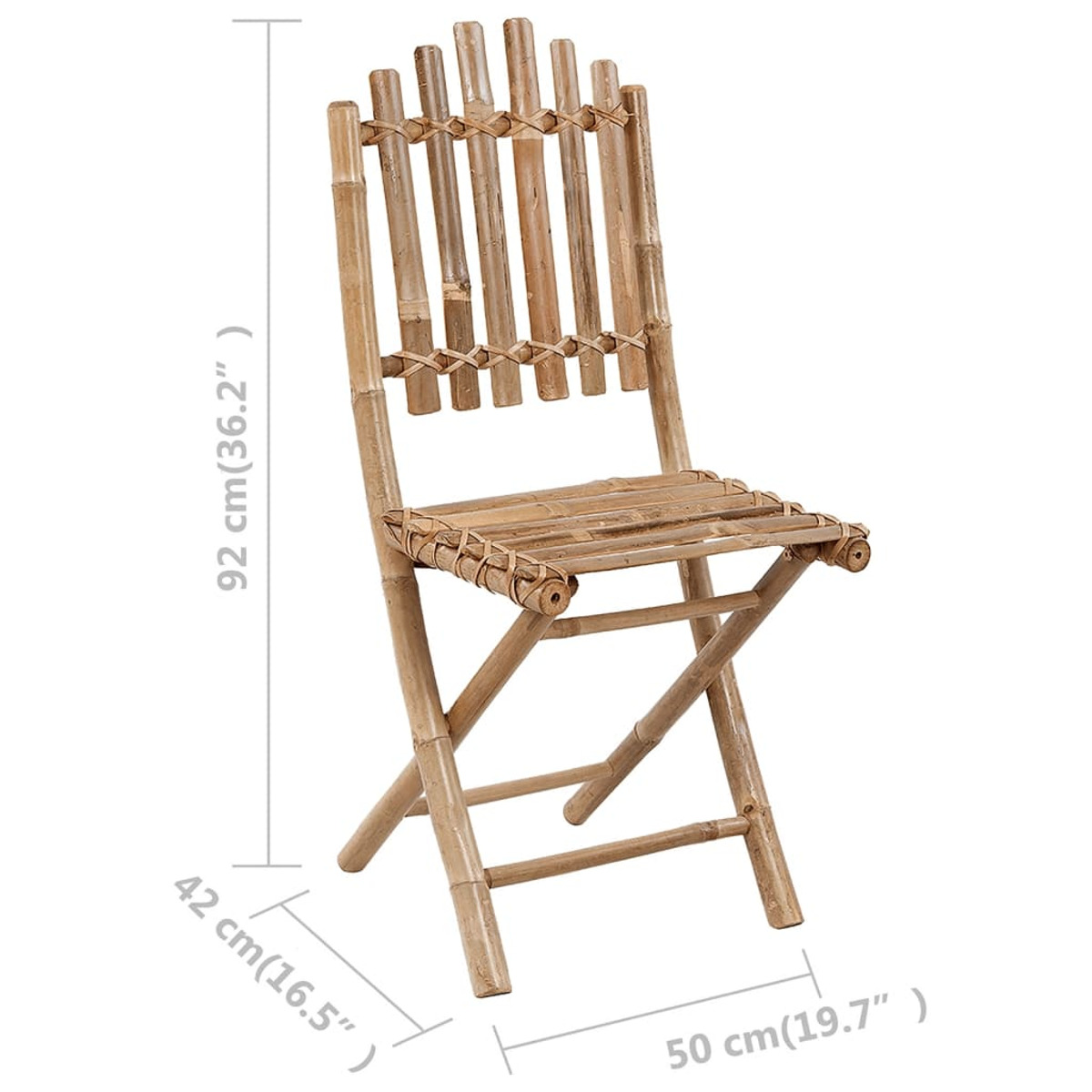 Klappstuhl aus Bambus mit Latten-Sitzfläche und -Rückenlehne. Maße sind angegeben.