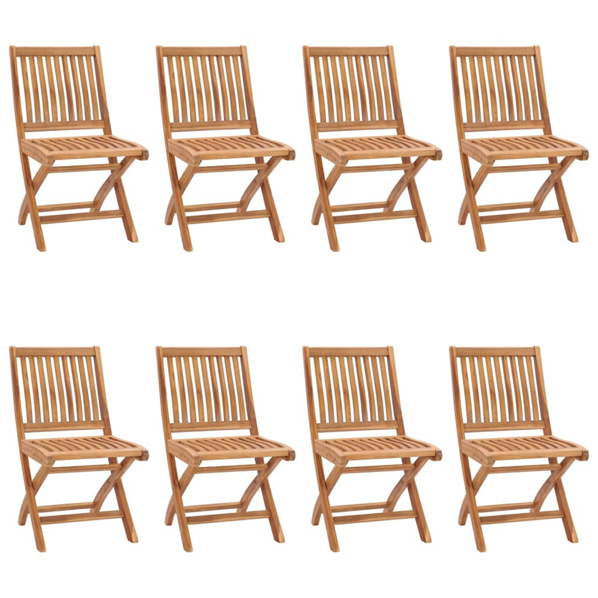 Klappstühle aus Holz. Sie sind lattenförmig und haben keine Armlehnen. Es gibt 8 Stühle auf weißem Hintergrund.