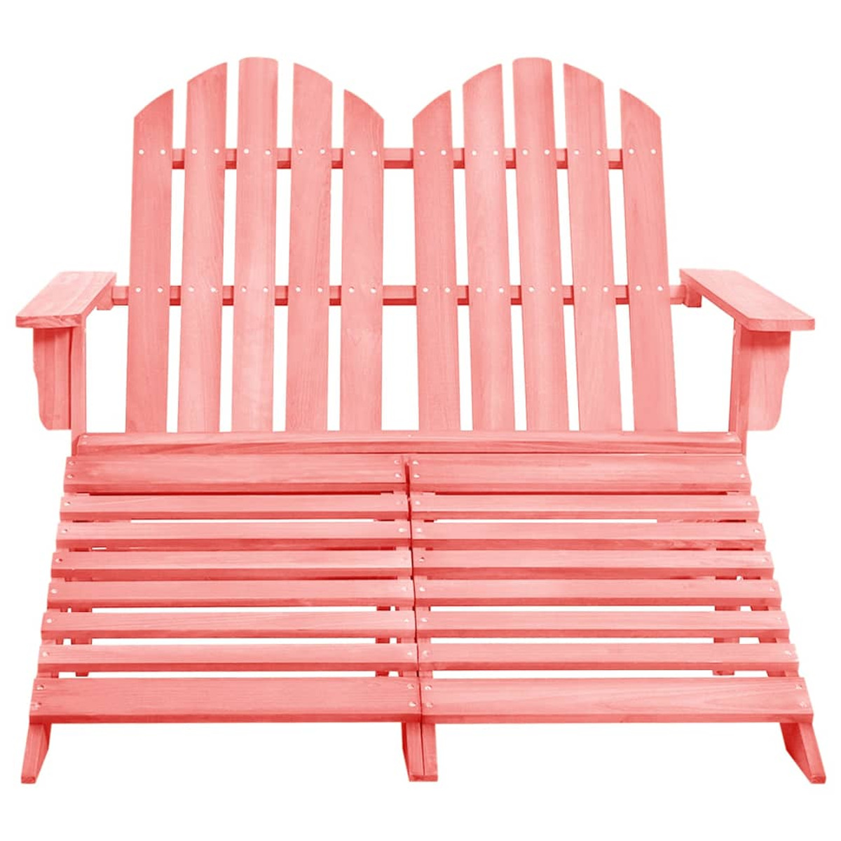 Ein doppelter Adirondack-Stuhl in Rosa. Der Stuhl hat eine Sitzfläche und Rückenlehne mit Armlehnen.