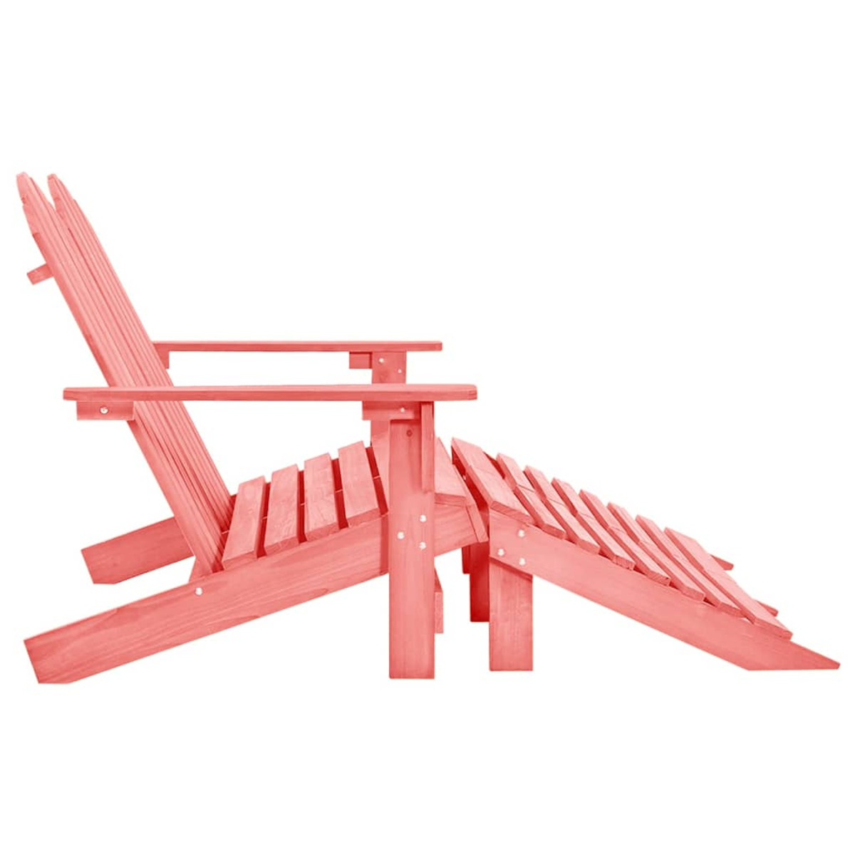 Ein korallenfarbener Adirondack-Stuhl mit angeschlossener Fußstütze, im Profil gezeigt.