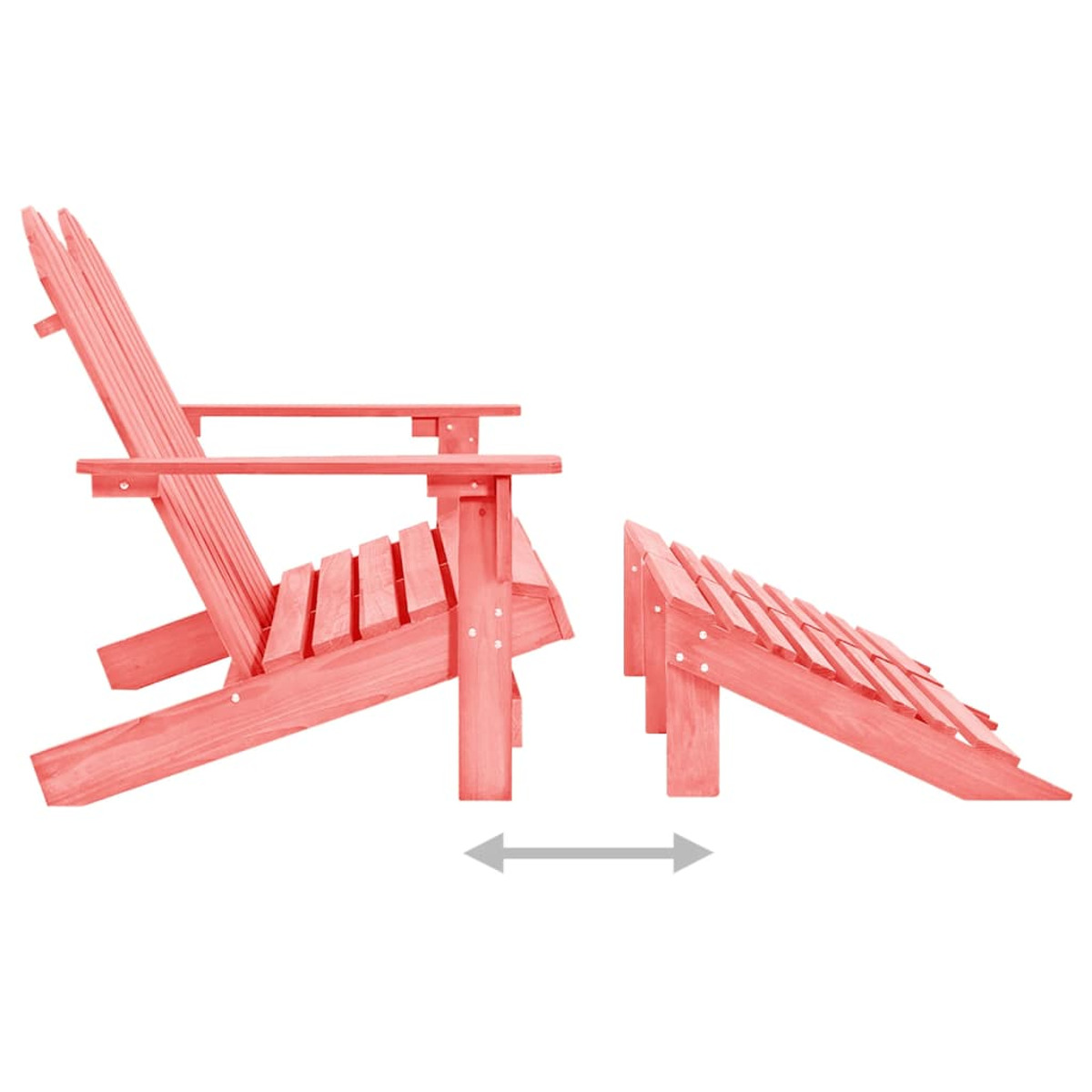Roter Adirondack-Stuhl und Fußstütze, getrennt, mit Abstand.