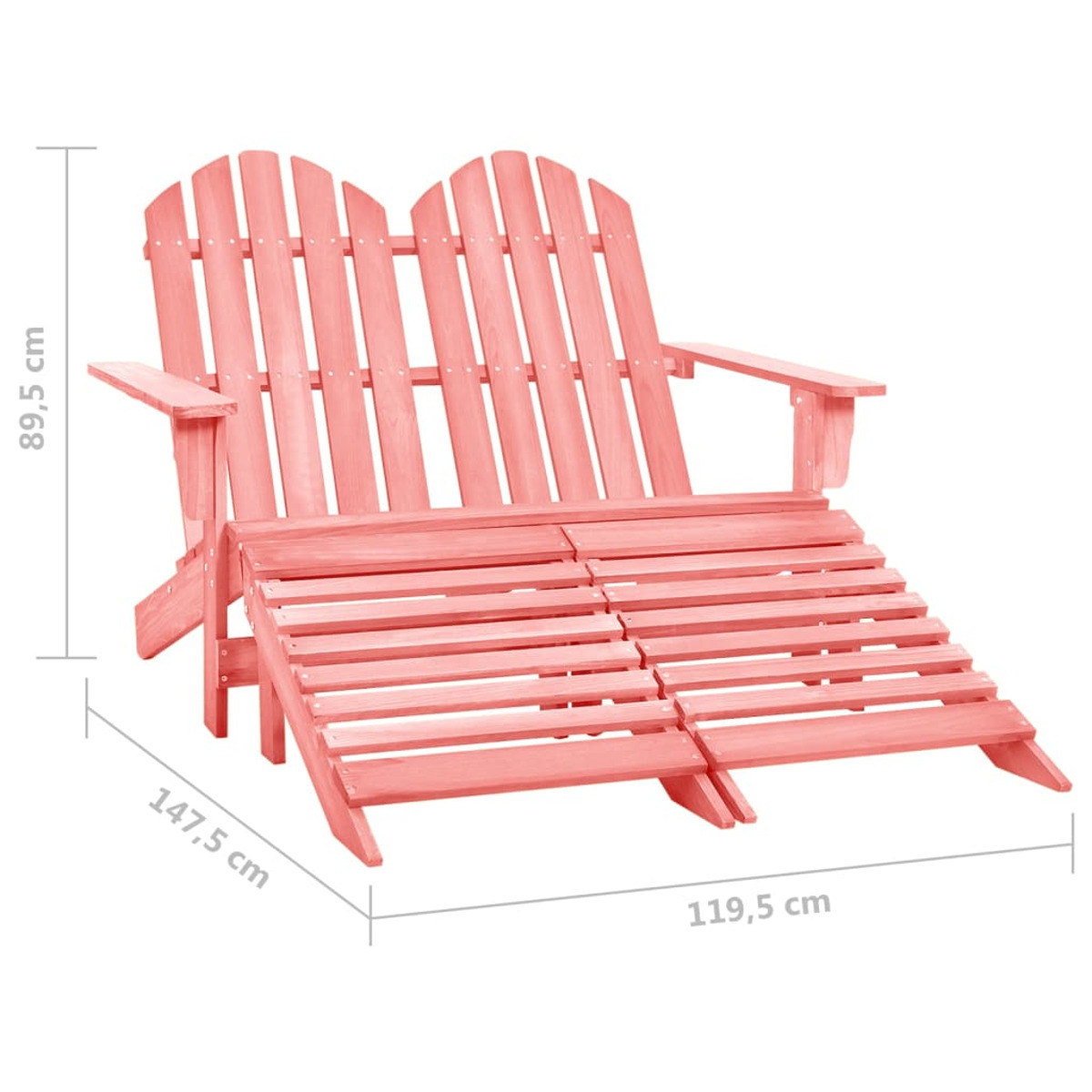 Doppelter Adirondack-Stuhl aus rosa Holz mit Maßangaben.