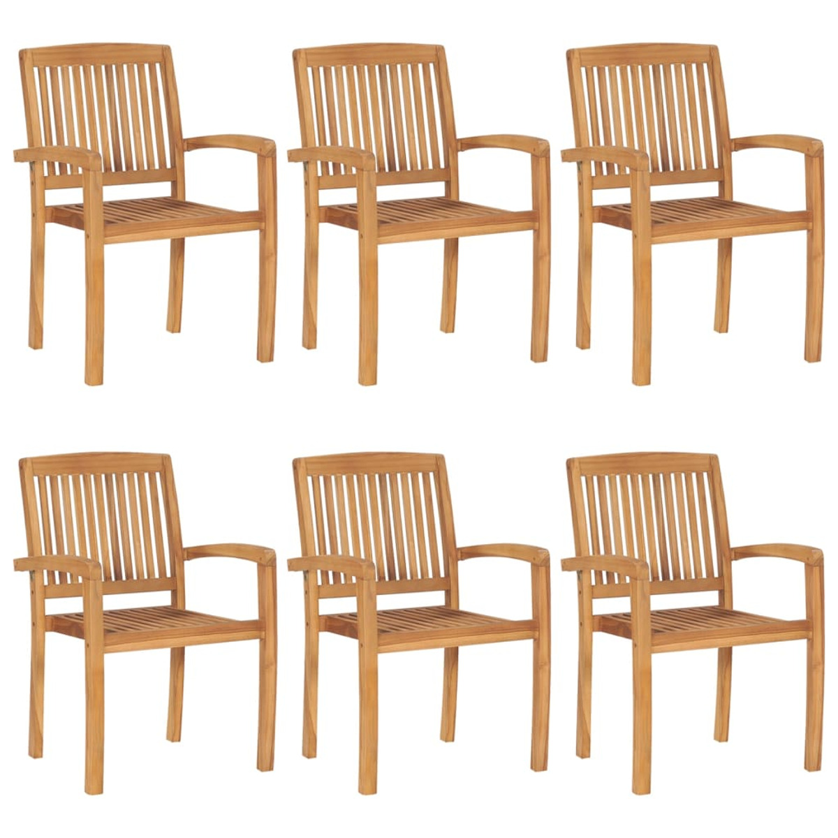 Sechs Holzstühle mit hellbraunem Finish, Armlehnen und vertikalen Rückenleisten, auf weißem Hintergrund.