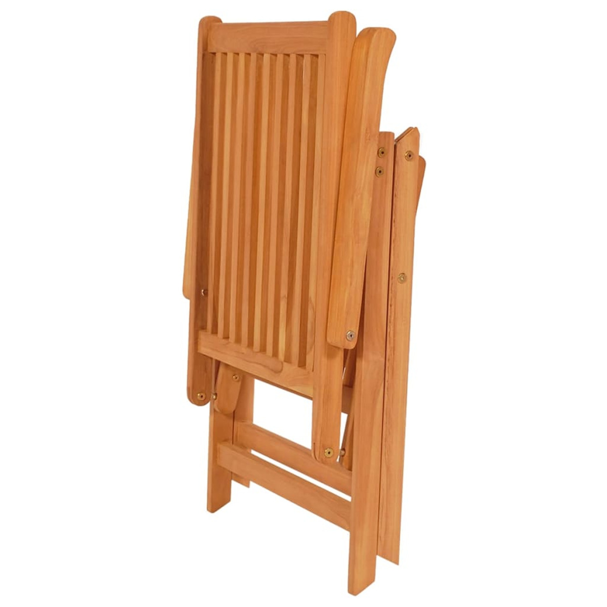 Zwei Holzstühle mit weißen Metallrahmen. Sitzfläche und Rückenlehne aus Latten. Seitenansicht.
