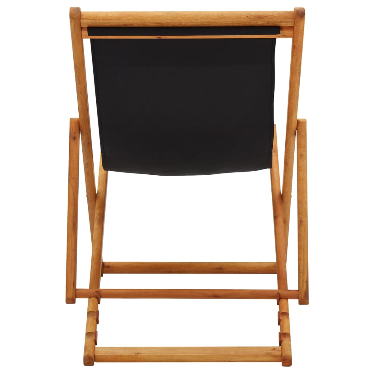 Holzklappstuhl, ausgeklappt, mit schwarzem Canvas-Sitz und -Rücken, Rückansicht.