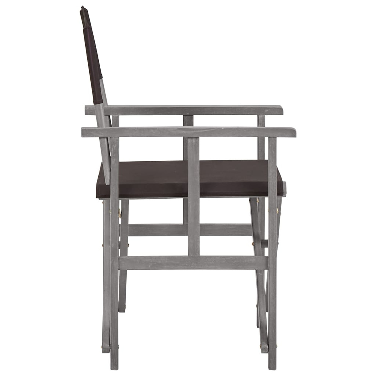 Stuhl mit grauem Rahmen und braunem Sitz und Rücken. Seitenansicht, auf weißem Hintergrund. Sitz ist gepolstert.