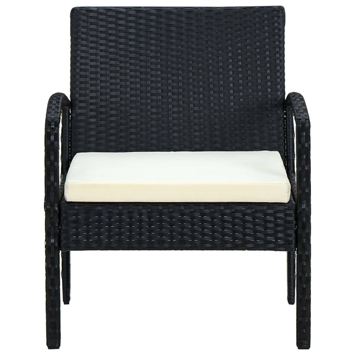 Schwarzer Webstuhl-Stuhl mit cremefarbenem Kissen. Einfaches Design, Vorderansicht, auf weißem Grund.