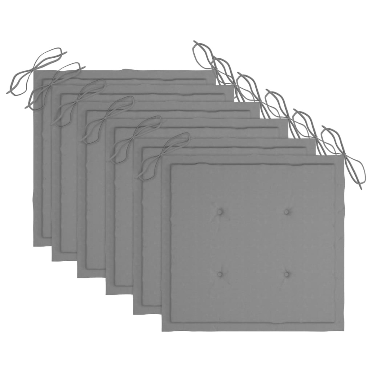 Sechs graue quadratische Sitzkissen mit Bindebändern. Die Kissen sind diagonal angeordnet.