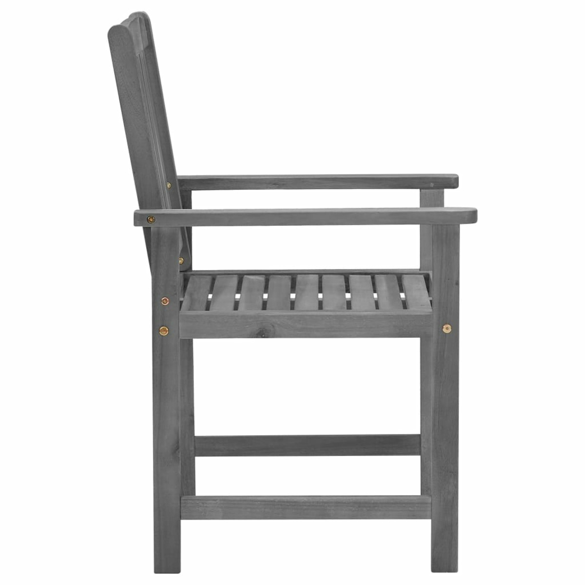 Grauer Holzstuhl. Seitenansicht. Hat Armlehnen und Lamellen für Sitz und Rücken.