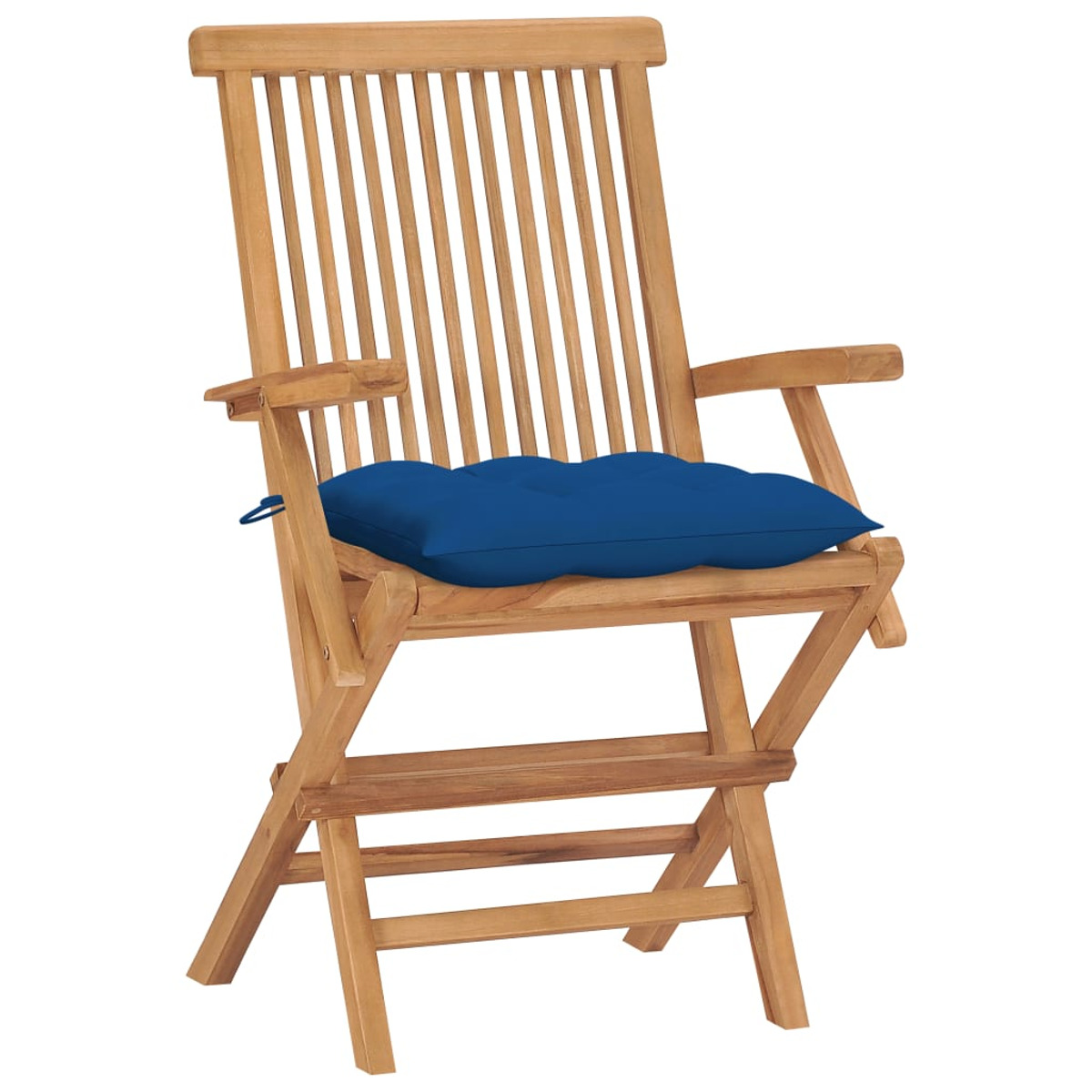 Holzstuhl mit blauem Kissen.