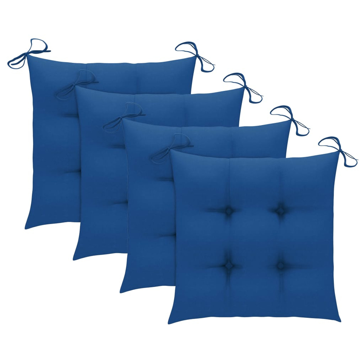 Vier blaue quadratische Kissen mit Bindungen, angeordnet auf weißem Hintergrund.