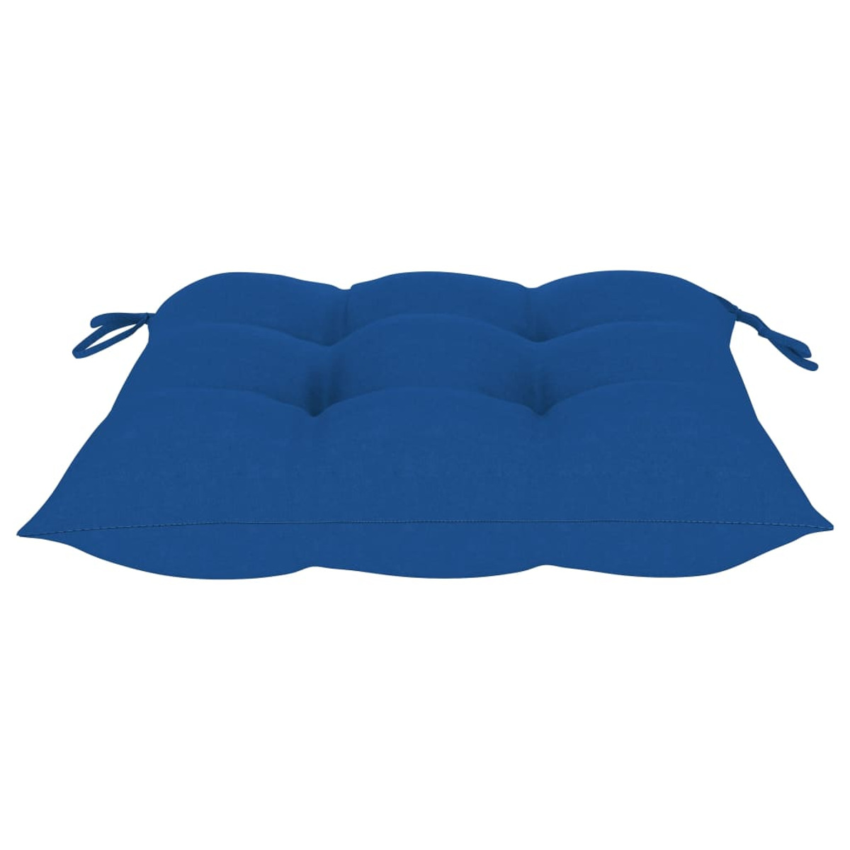 Ein blaues Kissen mit getuftetem Design und Bändern an den Seiten.