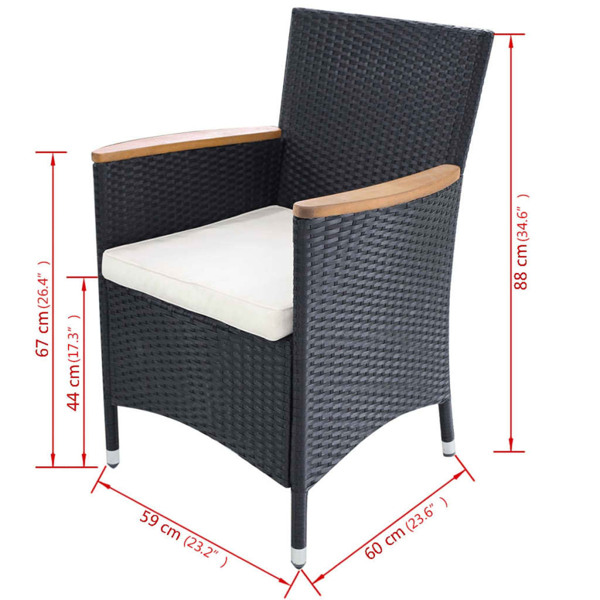 Schwarzer gewebter Outdoor-Stuhl mit Holzarmlehnen und einem weißen Kissen.