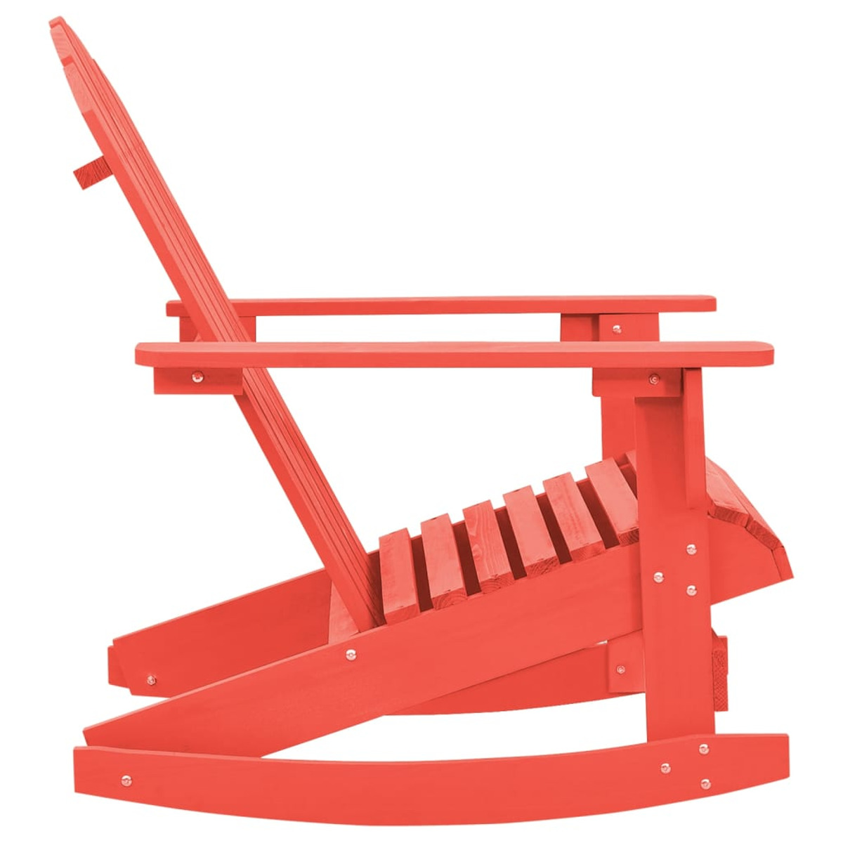 Ein roter Adirondack-Stuhl von der Seite. Er hat eine Sitzfläche mit Lamellen und Armlehnen.