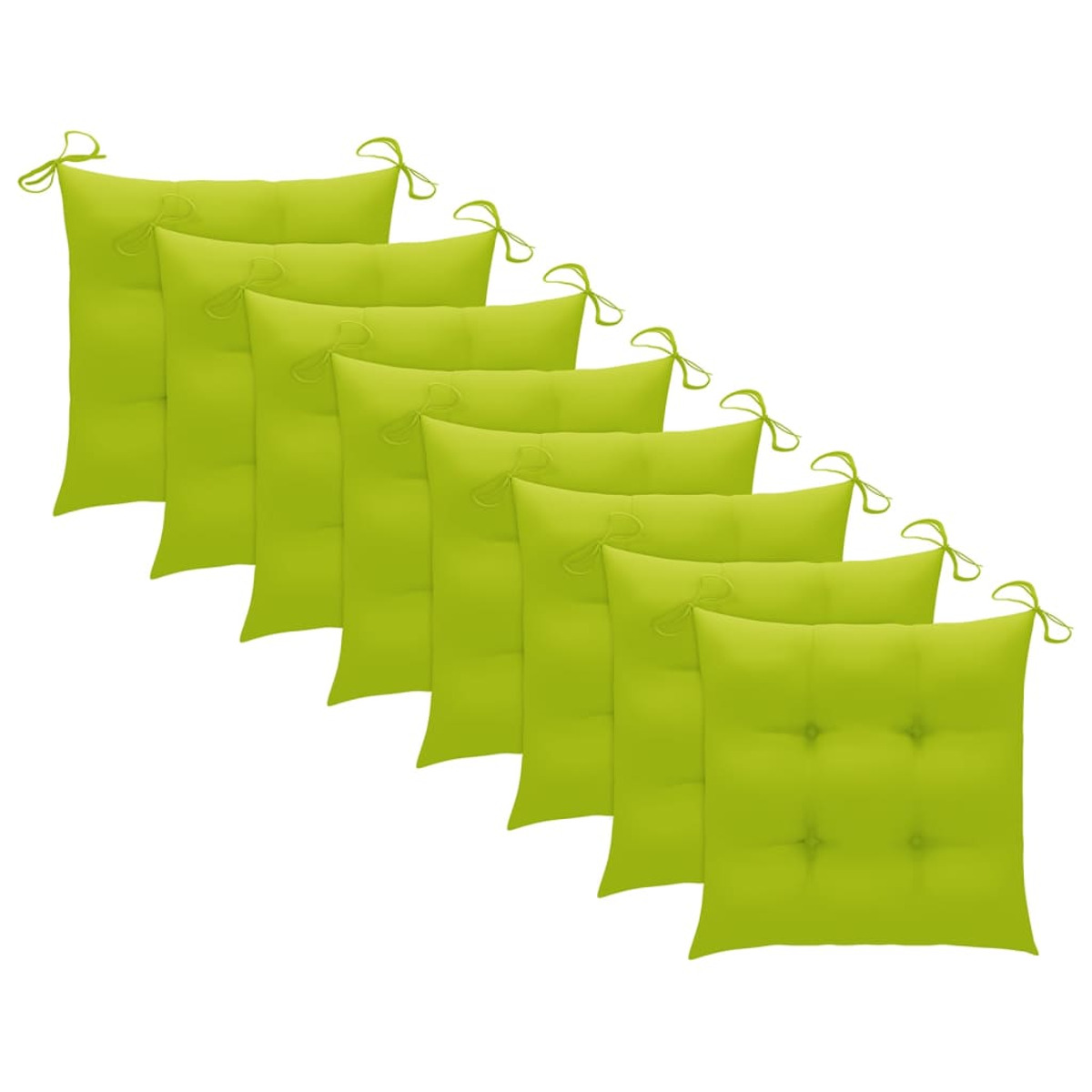 Acht grüne quadratische Kissen mit Bindebändern an den Ecken, Knopfdetail.