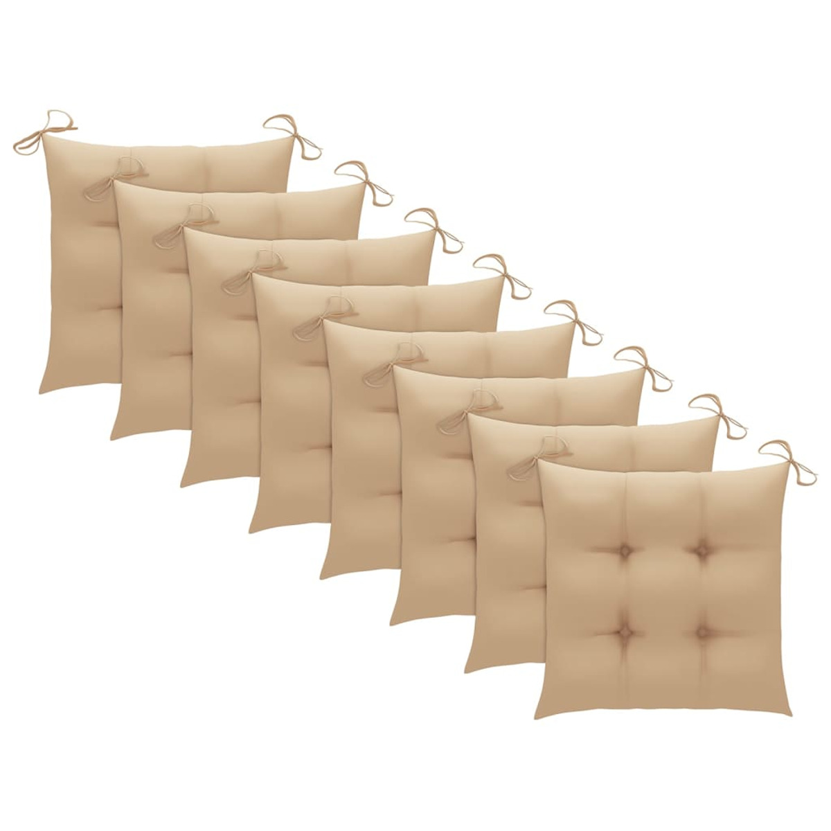 Sieben beige Sitzkissen mit Bindebändern. Sie sind in einer diagonalen Linie angeordnet.