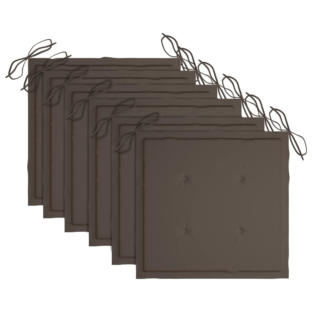 Sechs braune quadratische Kissen mit Bindebändern. Sie sind diagonal angeordnet, mit sichtbaren Nähten.