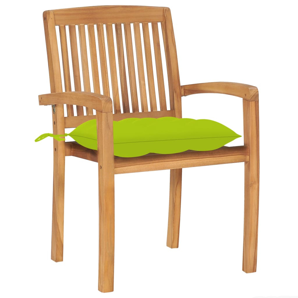 Holzstuhl mit einem grünen kissenförmigen Kissen.