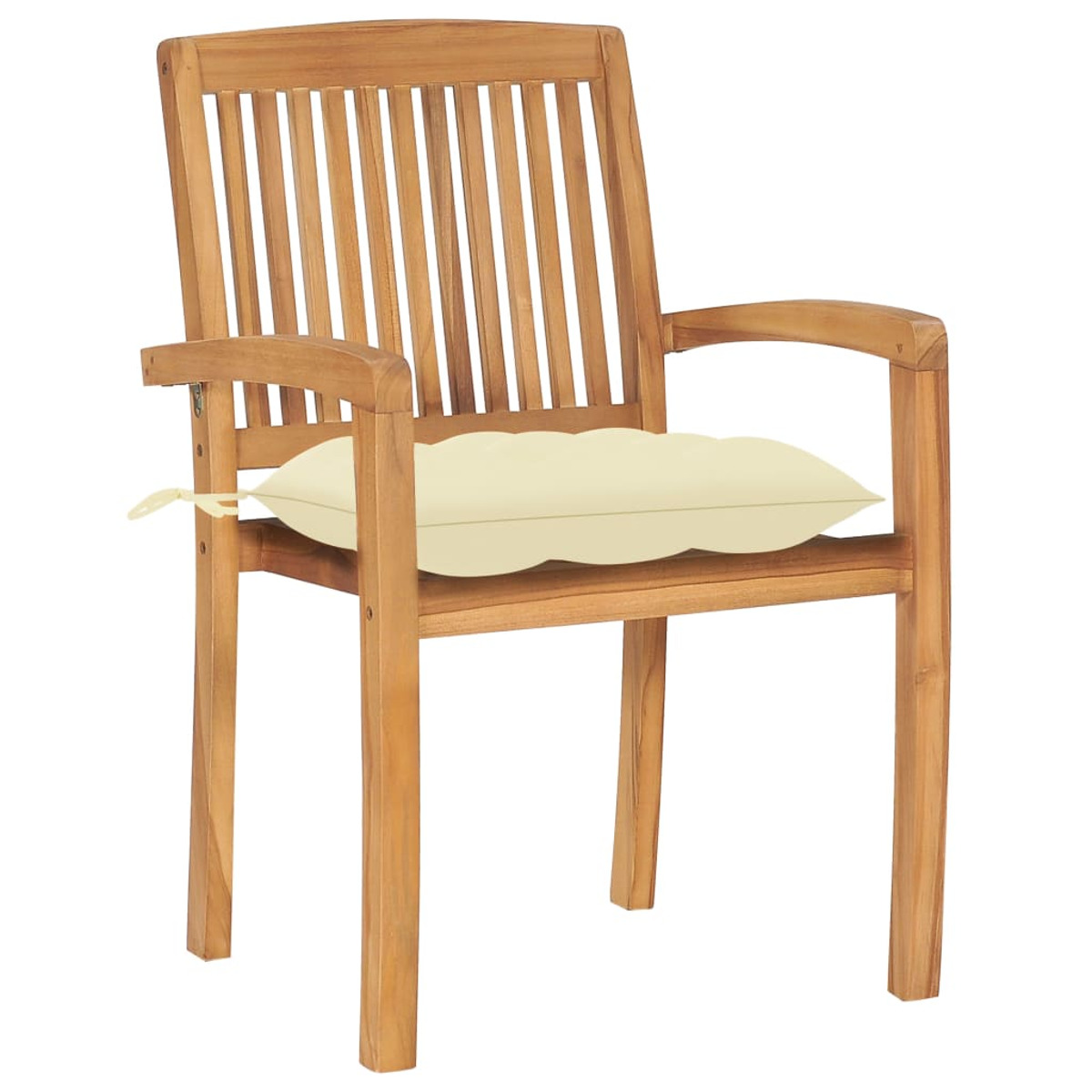 Holzstuhl mit Armlehnen und cremefarbenem Kissen. Der Stuhl hat eine Lattenlehne.