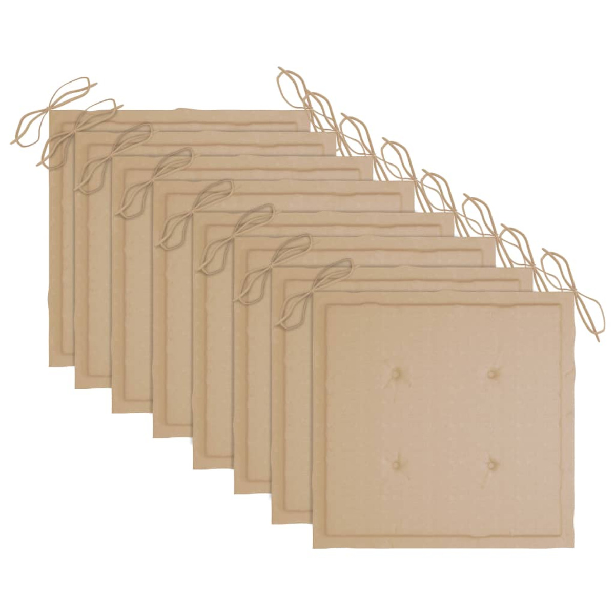 Sieben beige quadratische Kissen mit Bindebändern. Knöpfe und eine Naht. Weißer Hintergrund.