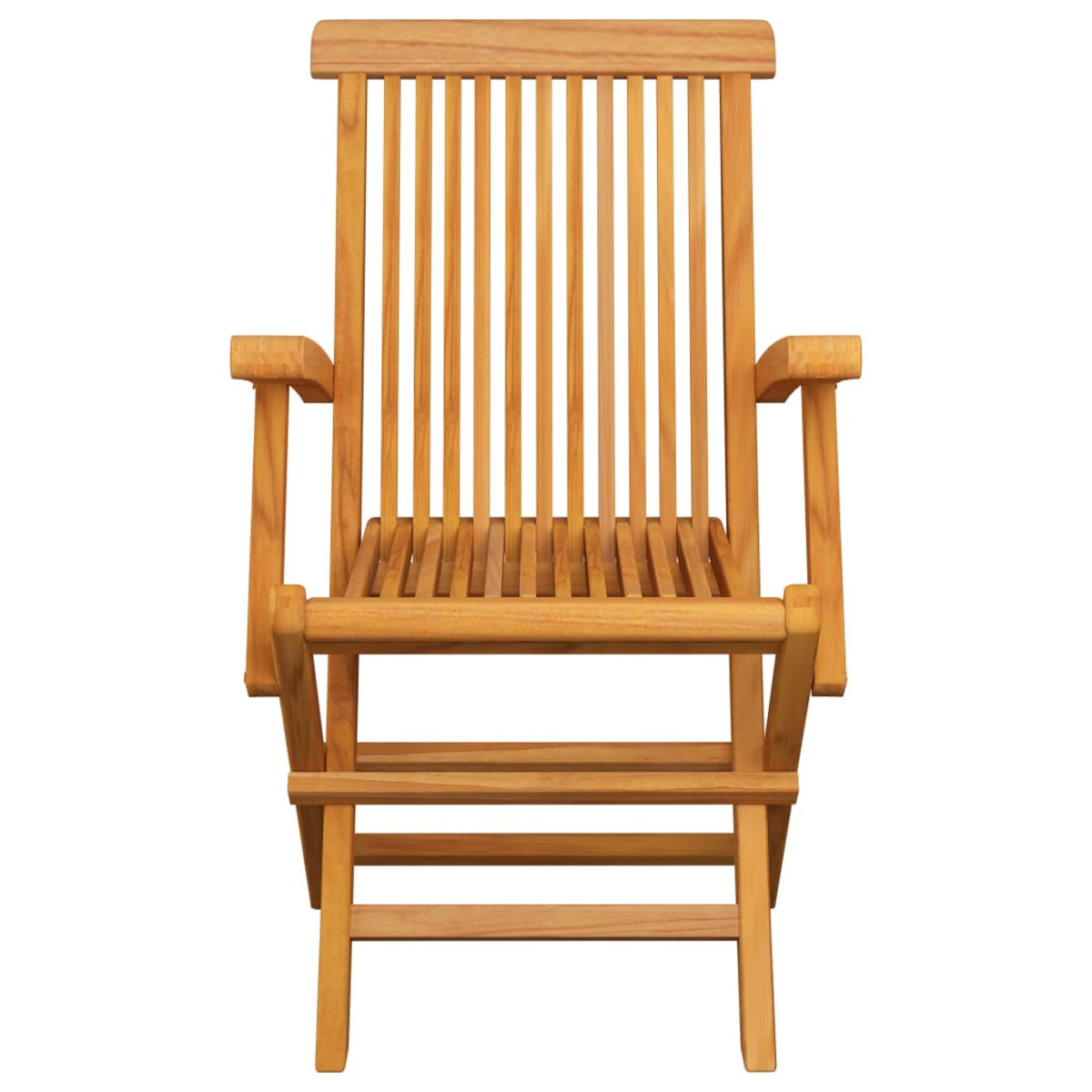 Holzklappstuhl, Vorderansicht. Er hat Lamellen für Sitz und Rückenlehne sowie Armlehnen.