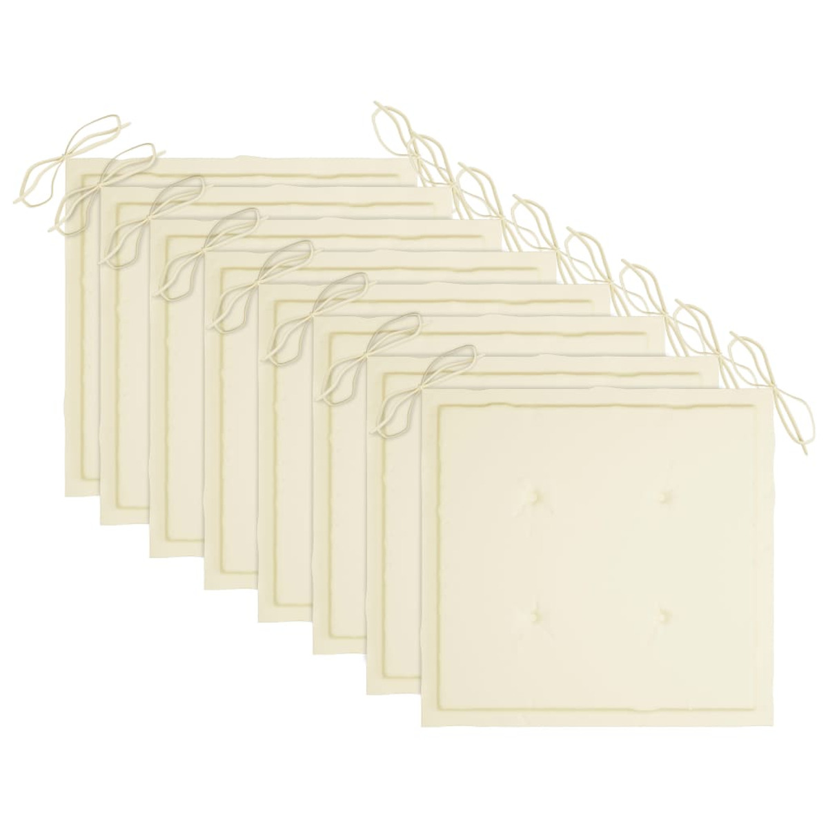 Neun cremefarbene quadratische Kissen mit Schnüren, diagonal angeordnet.