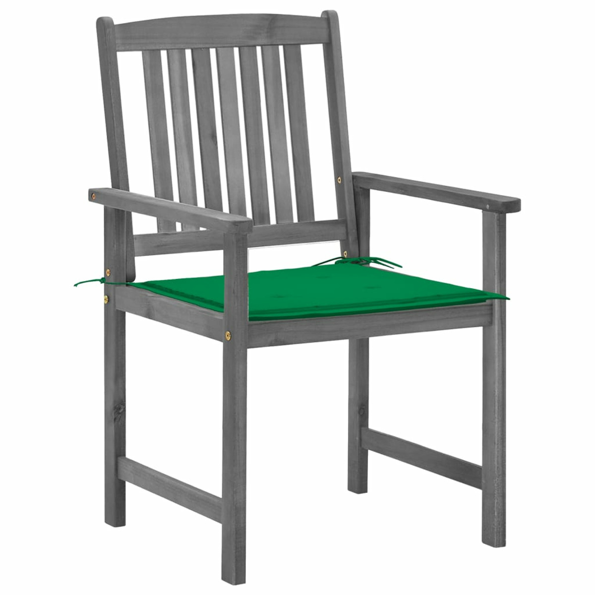 Holzstuhl mit grauem Rahmen und grünem Kissen. Das Kissen liegt auf dem Sitz.