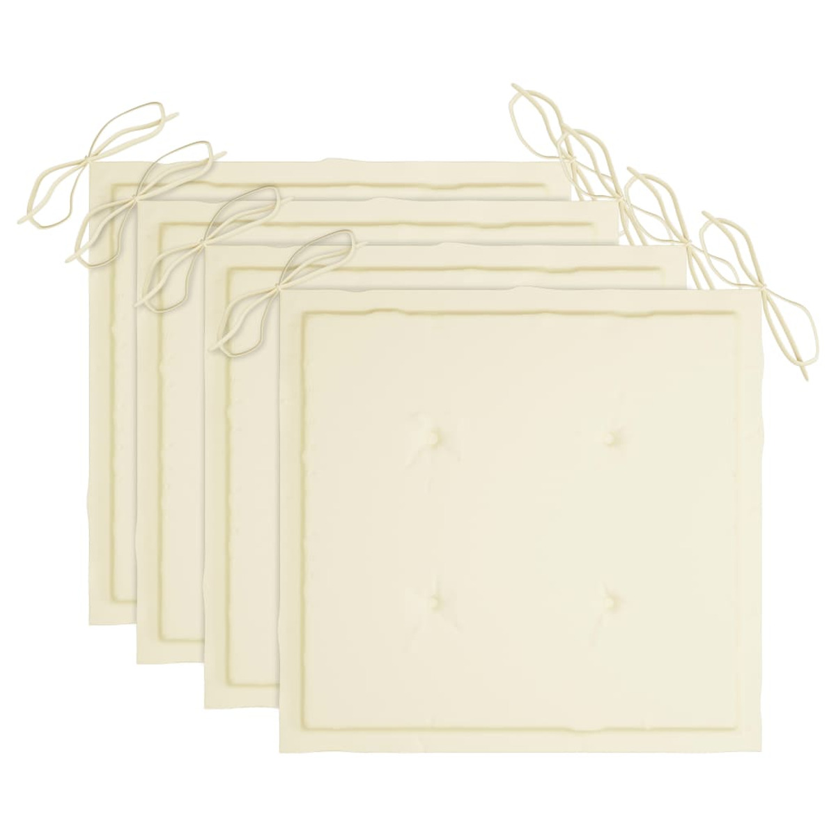 Vier beige Kissen mit Bindebändern, auf weißem Hintergrund angeordnet, leicht angewinkelte Ansicht.