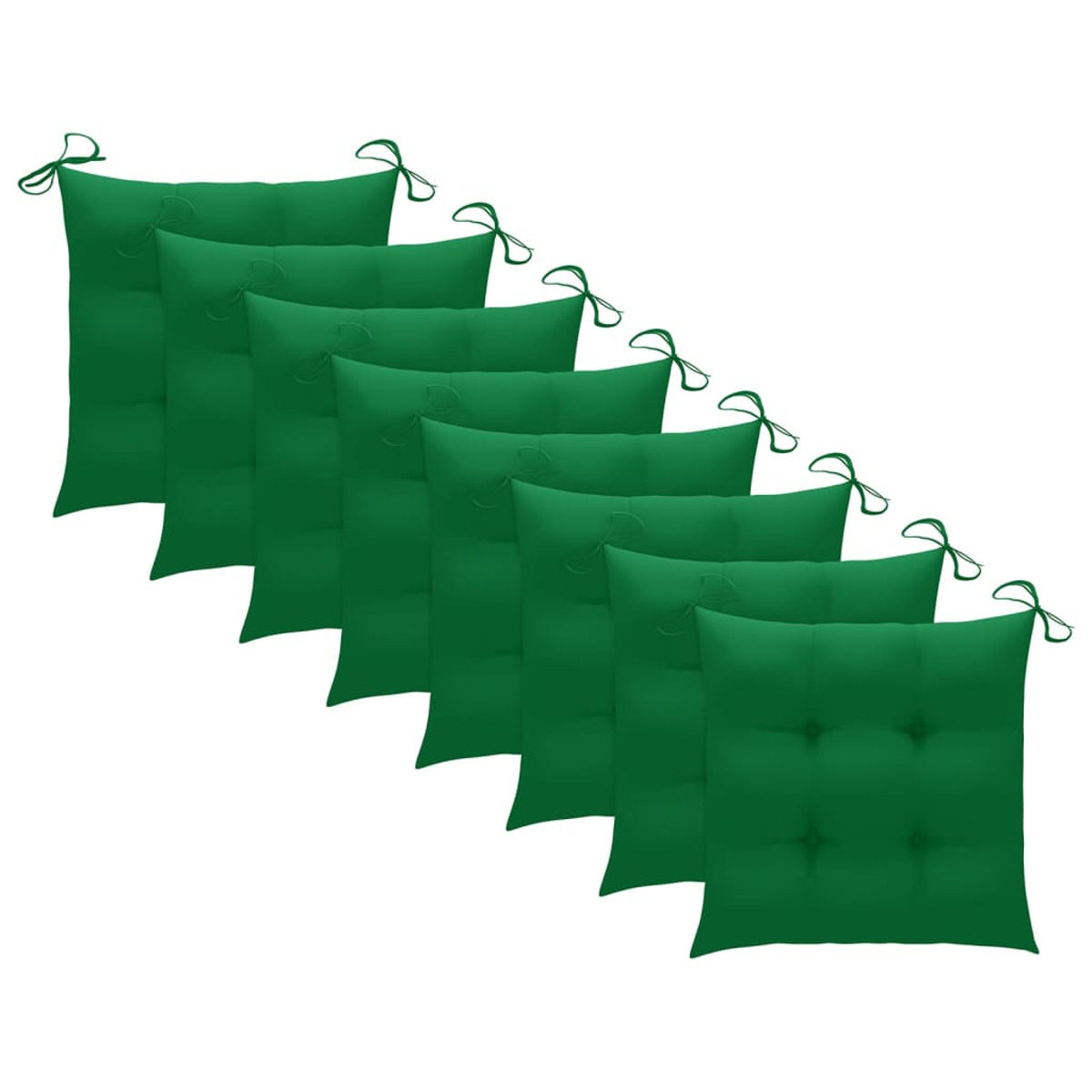 Acht grüne Sitzkissen mit Bindebändern, diagonal angeordnet, auf weißem Hintergrund.
